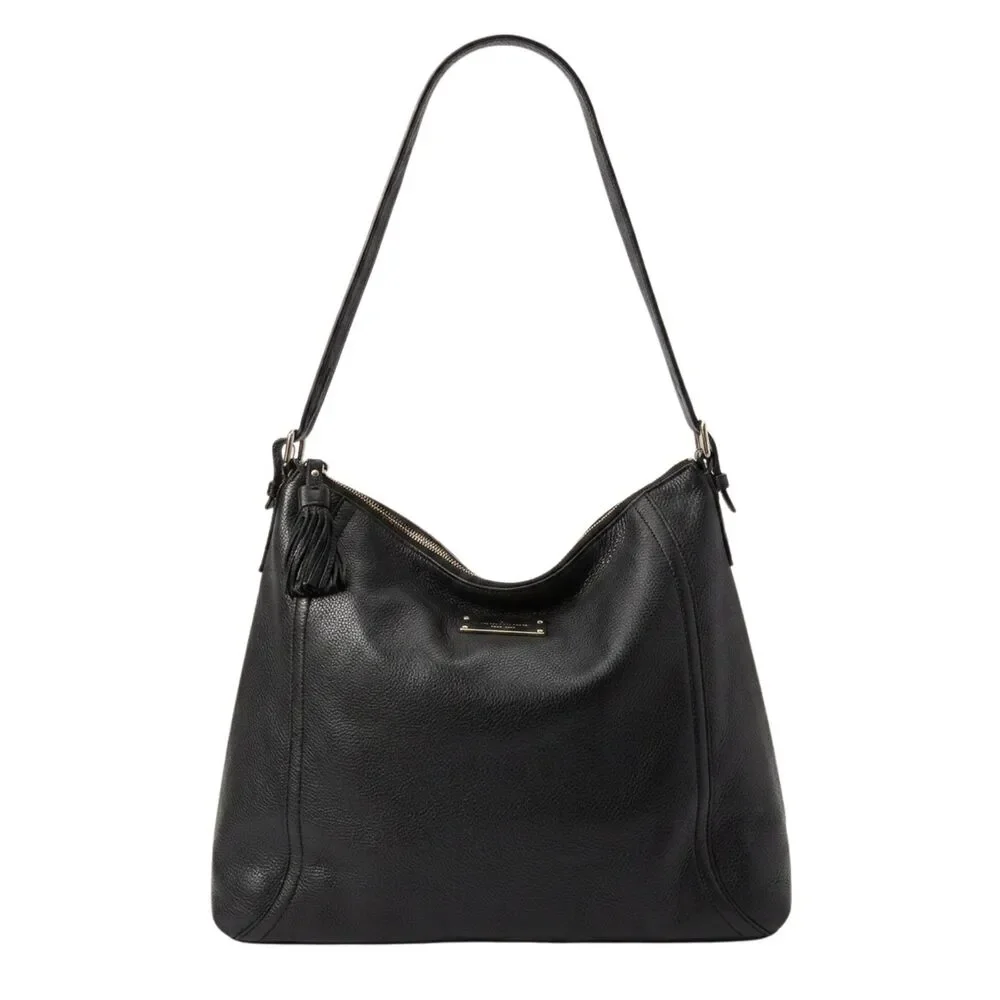 Kate Spade Black Pebbled Leather Hobo Shoulder Bag Tassel Polka Dot